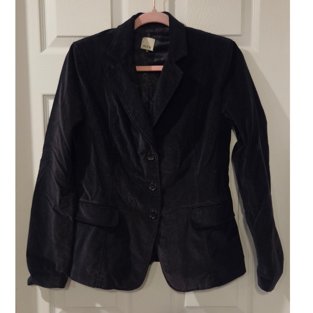 Ecru Navy Velvet Blazer Jacket Women's 6 Cotton Stretch Velour Holiday